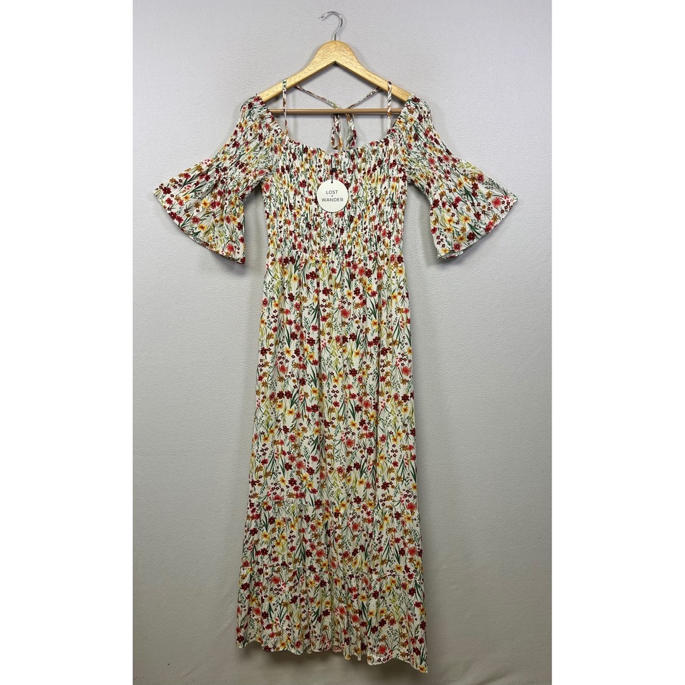 Lost + Wander Cottagecore Boho Womens NWT Medium White Floral Smocked Maxi Dress